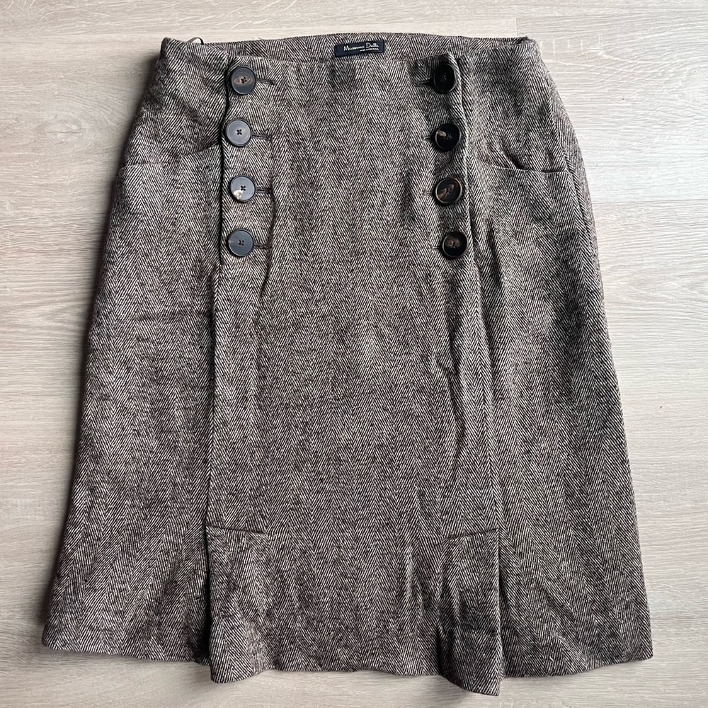 Massimo Dutti midi Autumn brown Chic Shortened Skirt with Front Pockets &buttons